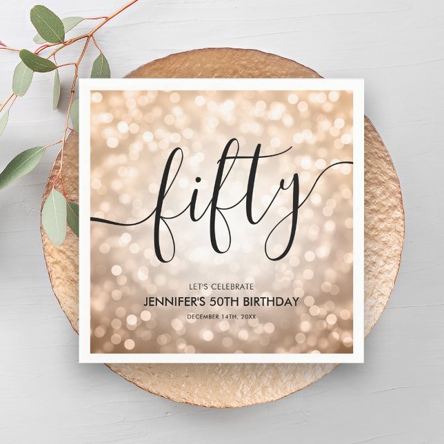 Den moderna Ro Guld Glitter Ljus 50:e födelsedagen Pappersservett (Modern Rose Gold Glitter Lights 50th Birthday Napkins)
