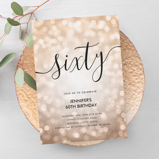 Den moderna Ro Guld Glitter Ljus 60:e födelsedagen Inbjudningar (Modern Rose Gold Glitter Lights 60th Birthday Invitation)