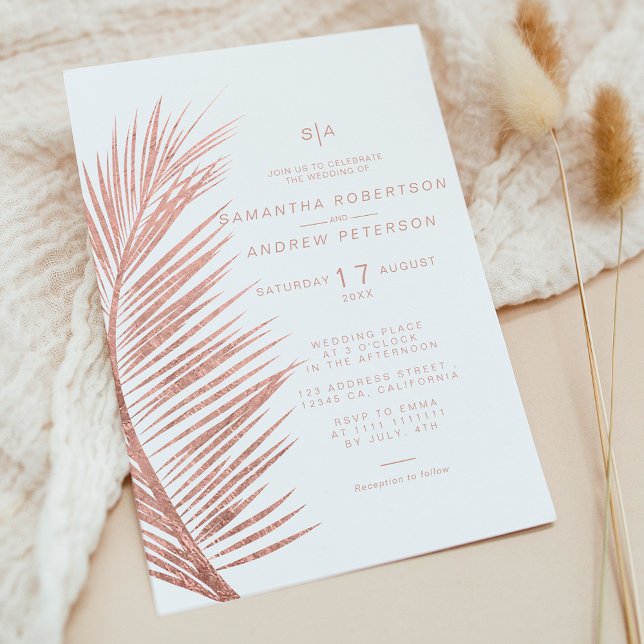 Den moderna ro guld handflatan löv, västra bröllop inbjudningar (Modern rose gold palm leaf white wedding invitation)