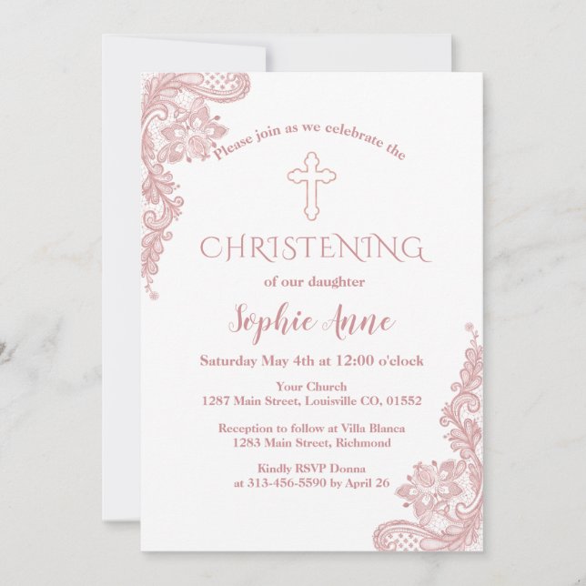 Den moderna Ro Guld Kor Girl Christening Inbjudningar (Framsida)