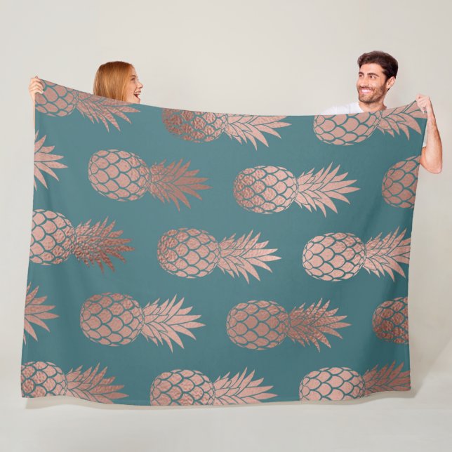 Den moderna Ro Guld Teal Grönt Pineapple Mönster Fleecefilt (På plats)