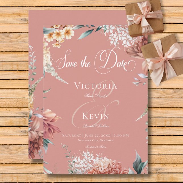 Den moderna romska Rosan Garden Blommigt Bröllop Spara Datumet (Modern Romantic Pink Garden Floral Wedding Save The Date Card)