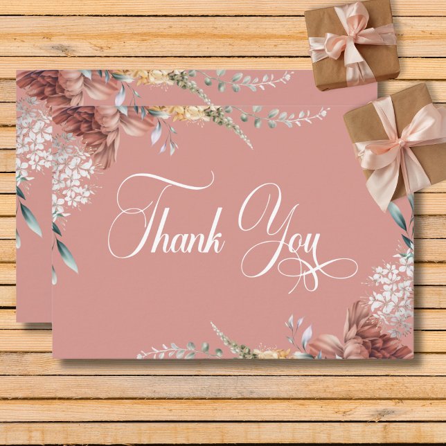 Den moderna romska Rosan Garden Blommigt Bröllop Tack Kort (Modern Romantic Pink Garden Floral Wedding Thank You Card)