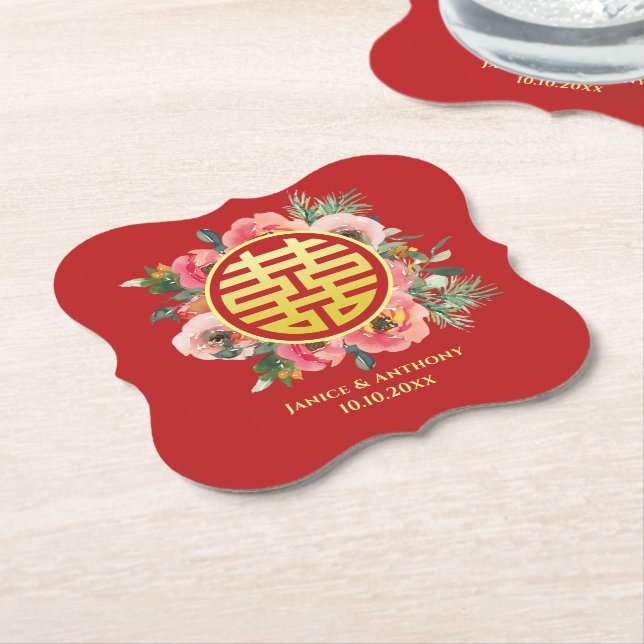 Den moderna rosa blommigten Wandechinese bröllop Underlägg Papper (Vinklad)