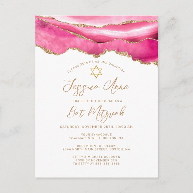 Den moderna Rosa Guld Glitter Agate Bat mitzvah Meddelande Vykort (Framsida)