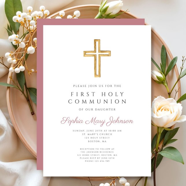 Den moderna Rosa Kor Religiösa Girl First Communio Inbjudningar (Modern Pink Cross Religious Girl First Communion Invitation)