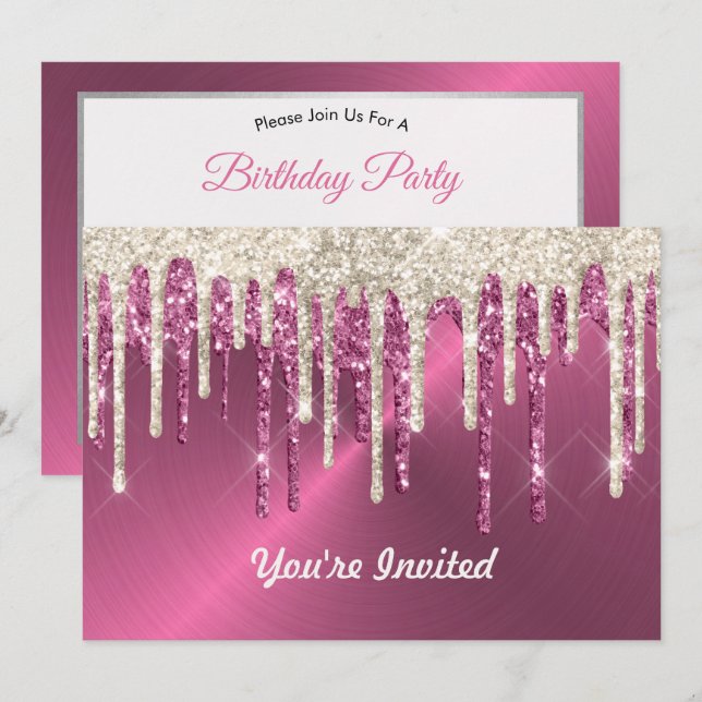Den moderna Rosa Metall Beige Glitter Drives Birth Inbjudningar (Fram/baksida)