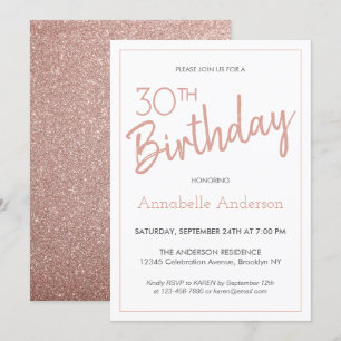 Den moderna Rosa ros Guld Glitter 30års födelsedag Inbjudningar