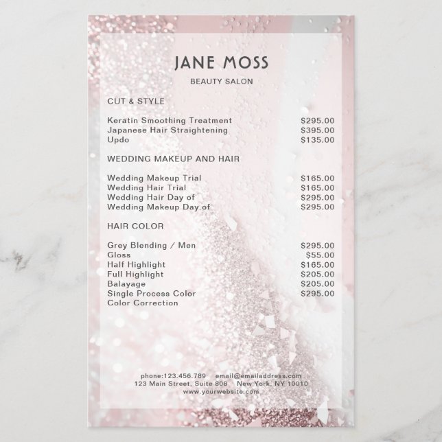 Den moderna Rosa-Silver-Glitter Salon Flyer (Framsidan)