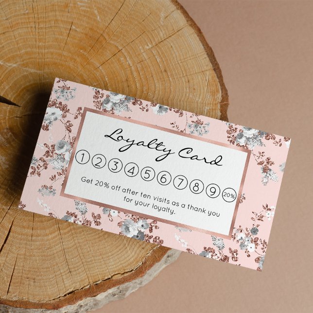 Den moderna  rosa vit ros guld glitter blommigt lojalitetskort (Modern blush pink white rose gold glitter floral loyalty card )