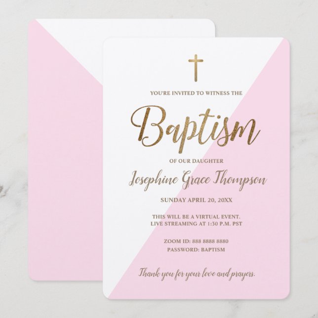 Den moderna Rosa Vita Guld Kor Virtuella baptism Inbjudningar (Fram/baksida)