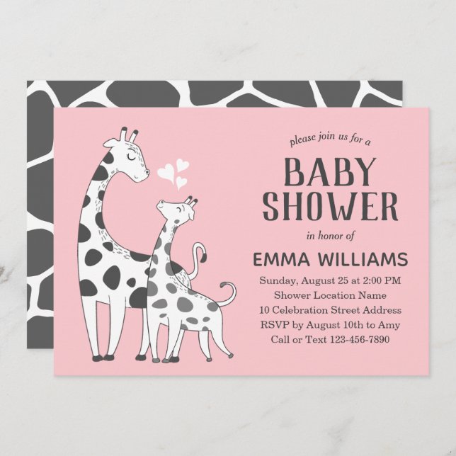 Den moderna Rosan Animal Giraffe Girl Baby Shower Inbjudningar (Fram/baksida)