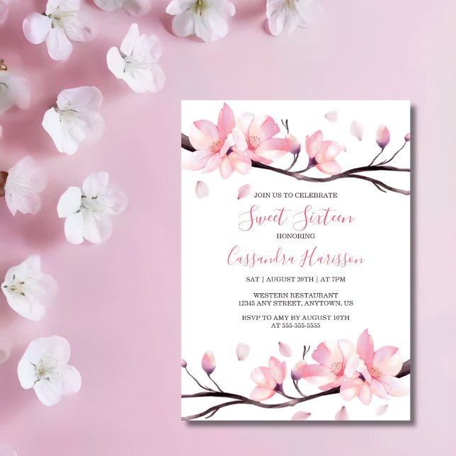 Den moderna  Rosan Cherry Blommar Sakura Birthday Inbjudningar (Skapare uppladdad)