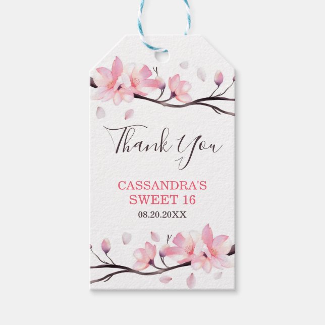 Den moderna  Rosan Cherry Blommar Sakura Birthday Presentetikett (Framsidan)
