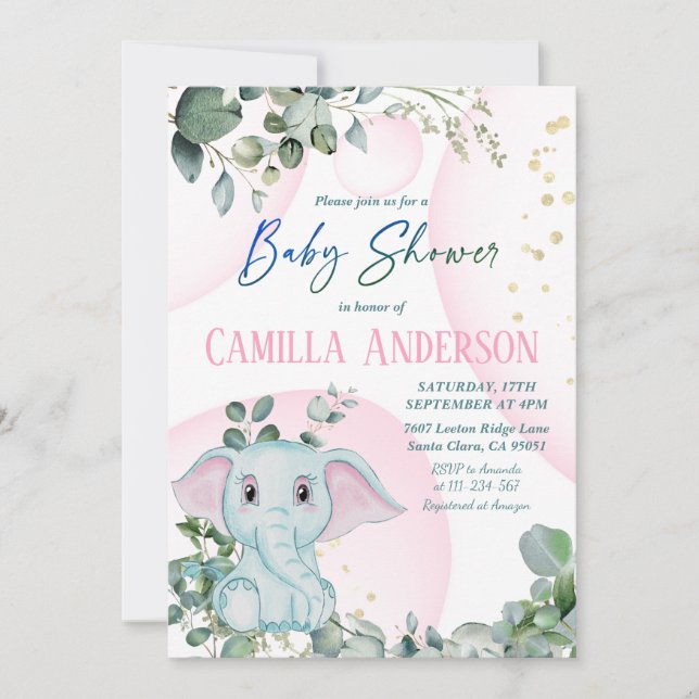Den moderna  Rosan Elephant Greenery Baby Shower Inbjudningar (Framsida)