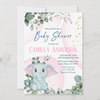 Den moderna  Rosan Elephant Greenery Baby Shower Inbjudningar