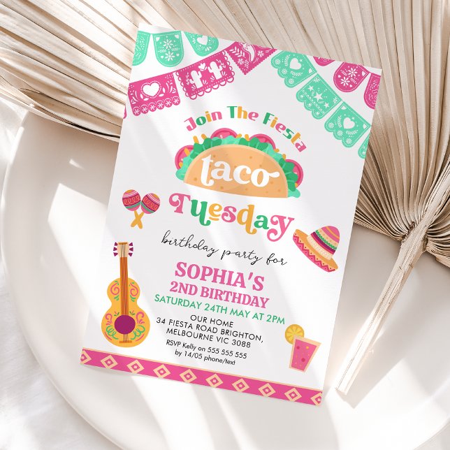 Den moderna Rosan Fiesta Taco Tisdag 2:a födelseda Inbjudningar (Colorful Taco Tuesday 2nd Birthday Invitation Template, Fiesta 2nd Birthday Invitation, Mexican)