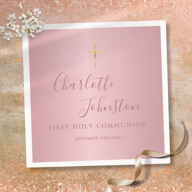 Den moderna Rosan vid Guld i Ro Pappersservett (First Holy Communion Modern Rose Gold Pink Napkins)