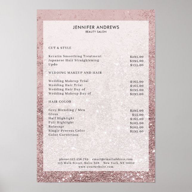 Den moderna rosegold Glitter Salon Pris List Poste Poster (Framsidan)