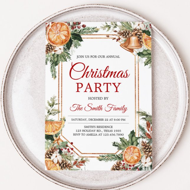 Den moderna Rustiska Orangen Citrus Jul Party Inbjudningar (Modern Rustic Orange Christmas Party Invitation)