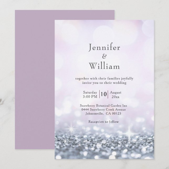 Den moderna Silver Lila Glitter Bröllop Inbjudningar (Fram/baksida)
