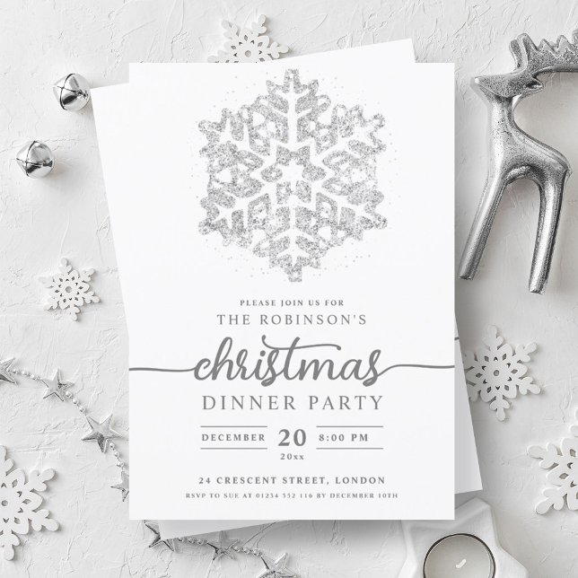 Den moderna Silver-vintersnöflammande julen Party Inbjudningar (Modern Silver Winter Snowflake Christmas Party Invitation)