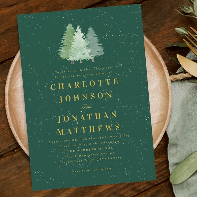Den moderna skogsvakten Winter Grönt Guld Bröllop Inbjudningar (Modern woodland watercolor forest winter green and gold wedding invitation elegant )