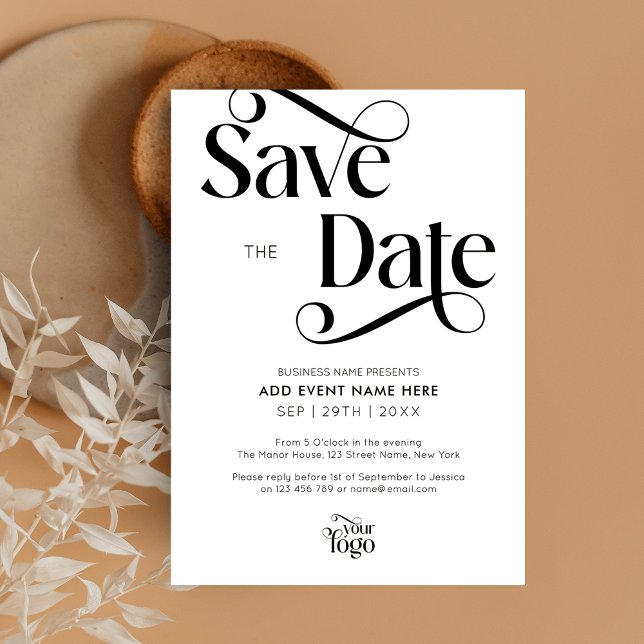 Den moderna skript - enkla affärshändelsen sparar  inbjudningar (Sophisticated Save The Date cards in black and white, featuring trendy swirly serif fonts)