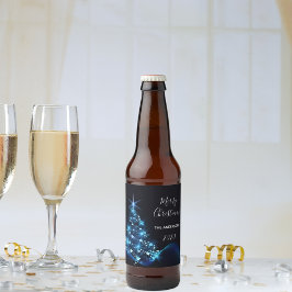 Den moderna skuggblått i party under jul träd ölflaska etikett