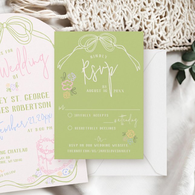 Den moderna, snabba hand plockade-buken PASTEL grö OSA Kort (Sage Green pastel modern trendy hand drawn written  bow vintage floral wedding invitation rsvp card)