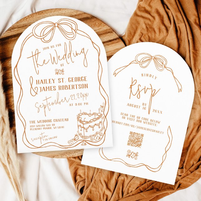 Den moderna, snabba hand plockade-busken TERRACOTT Inbjudningar (Terracotta and white whimsical quirky retro hand drawn written bow frame modern arch wedding cake)