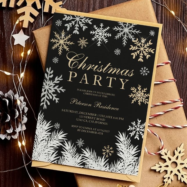 Den moderna snöflingan gräs, svart vinterjul inbjudningar (Modern snowflake pine black winter Christmas Invitation)
