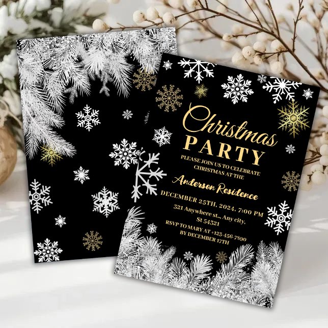 Den moderna snöflingan gräs svart vinterjul party inbjudningar (Skapare uppladdad)
