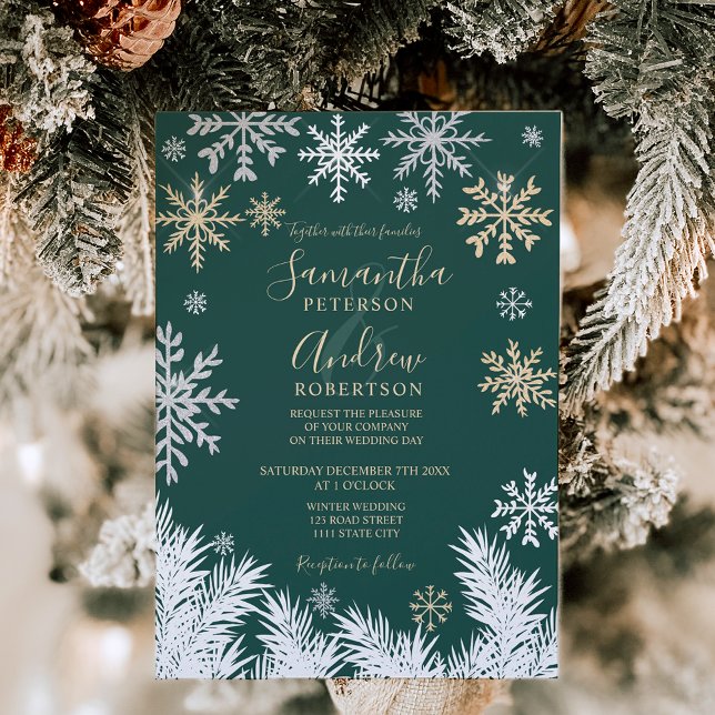 Den moderna snöflingan gräs vinterjul bröllop inbjudningar (Modern snowflake pine winter Christmas wedding green Invitation)