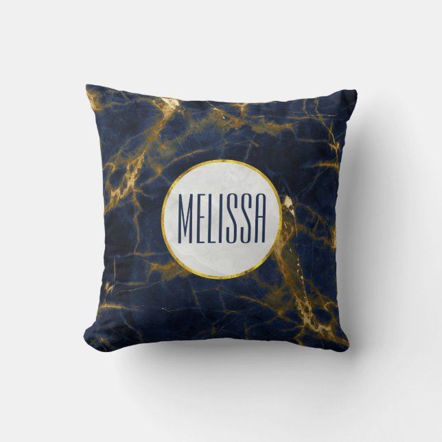 Den moderna Snyggten Navy Blue och Guld Marble Kudde (Framsida)