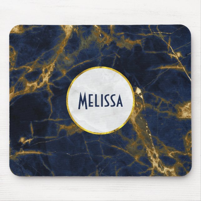 Den moderna Snyggten Navy Blue och Guld Marble Musmatta (Framsidan)
