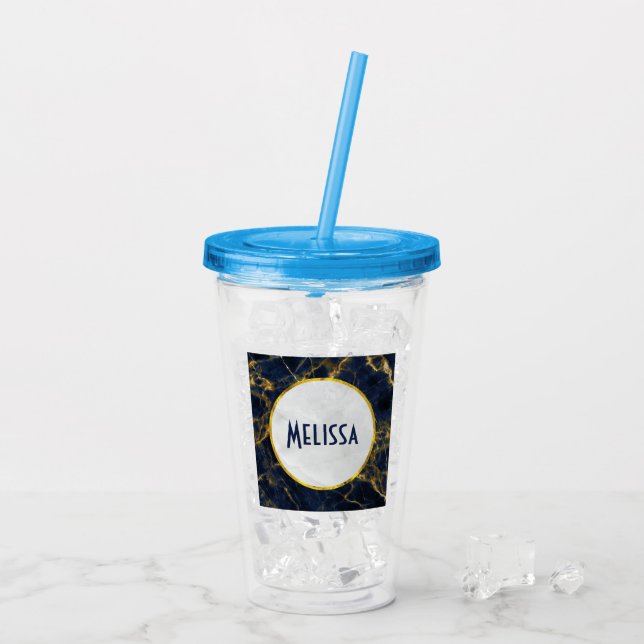 Den moderna Snyggten Navy Blue och Guld Marble Take Away Mugg (Baksida Ice)