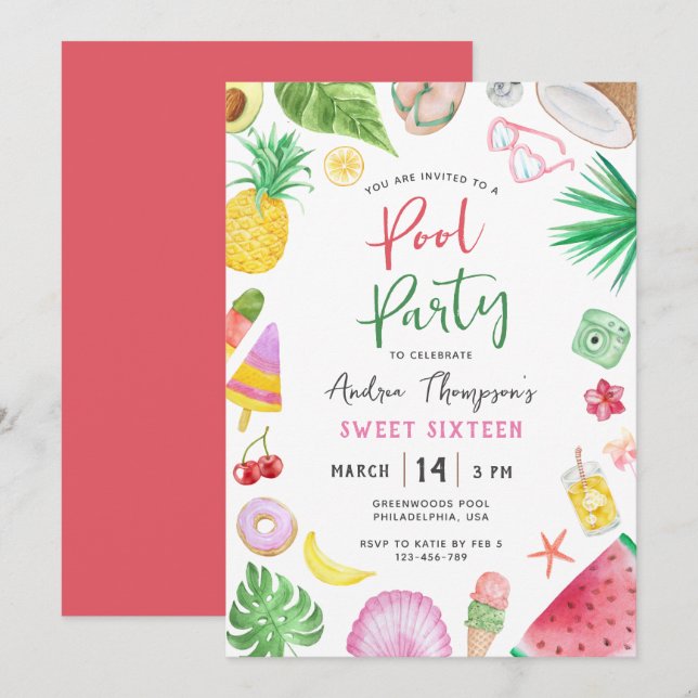 Den moderna sommardagen Bassäng Party, Sweet sixte Inbjudningar (Fram/baksida)