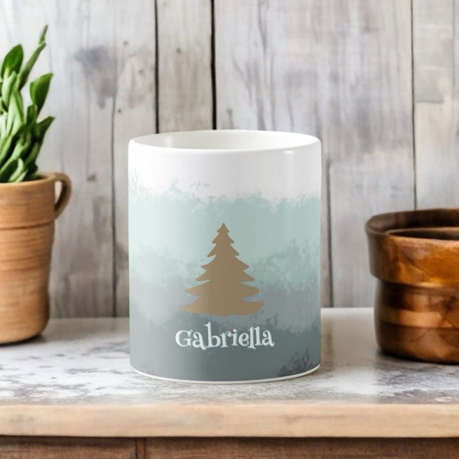 Den moderna stuckstugan namn teal ombre guld träd kaffemugg (Skapare uppladdad)