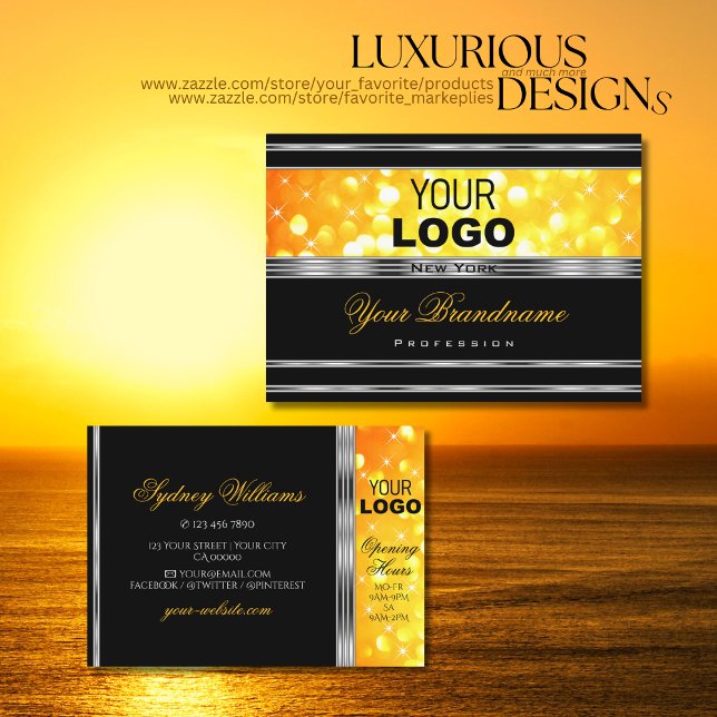 Den moderna Svarta och Orange Glitter Logotyp Silv Visitkort (Skapare uppladdad)