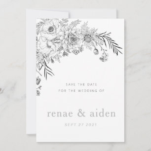 Den moderna svarta och vita blommigten sparar datu spara datumet