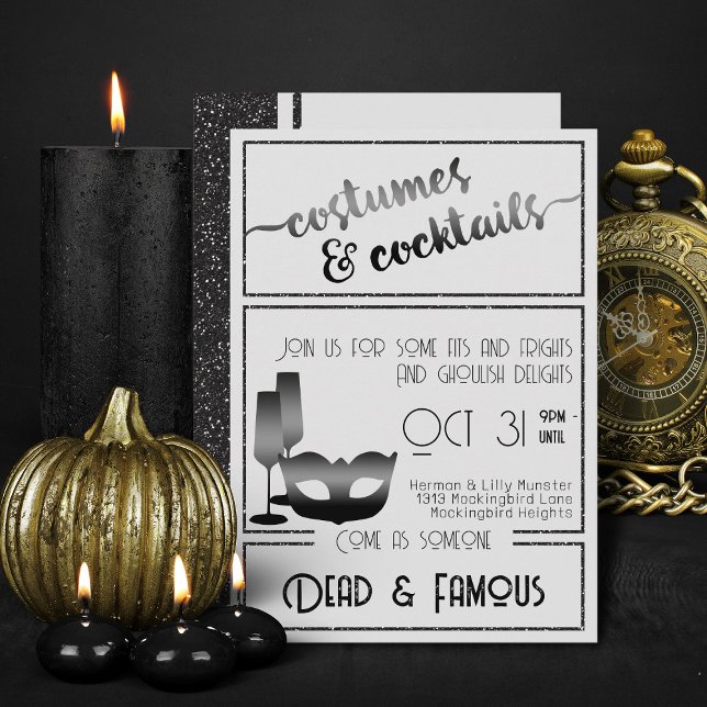 Den moderna svarta och vita Eleganten Halloween fe Inbjudningar (Elegant Black And White costumes and cocktails halloween invitations)