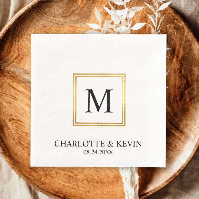 Den moderna svartvita monogrammet Bröllop i Guld R Pappersservett (Modern Gold Frame Black White Monogram Wedding Napkins)