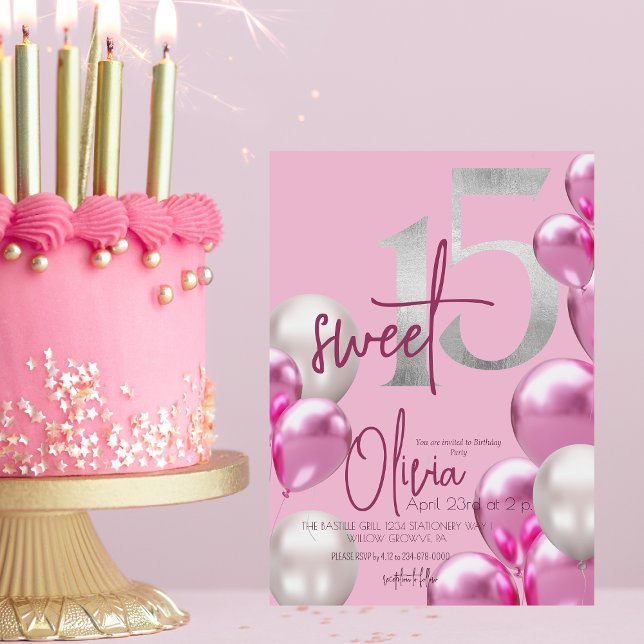 Den moderna svenska födelsedagen 15 Rosa Silver Inbjudningar (Skapare uppladdad)