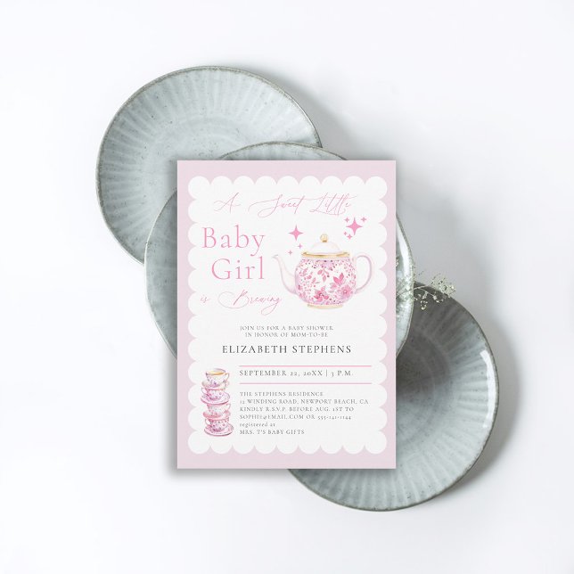 Den moderna svenske skaren Tea Party Elegant Flick Inbjudningar (tea baby shower invitation high noon afternoon party elegant modern watercolor pink)
