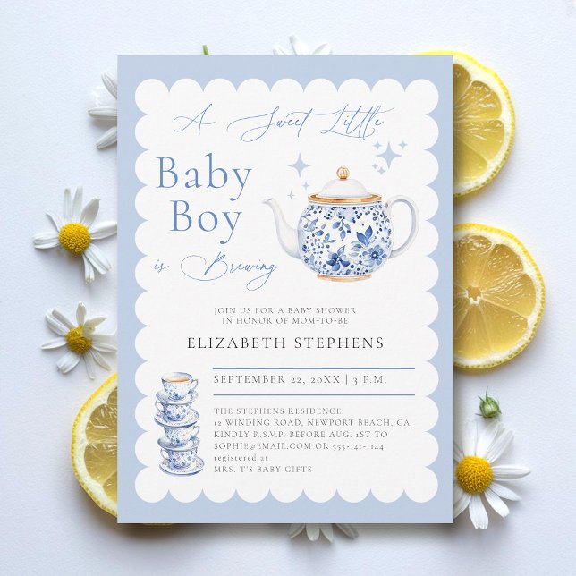 Den moderna svenske skaren Tea Party Elegant Pojke Inbjudningar (boy baby tea party shower invitation elegant frame modern calligraphy sweet watercolor)