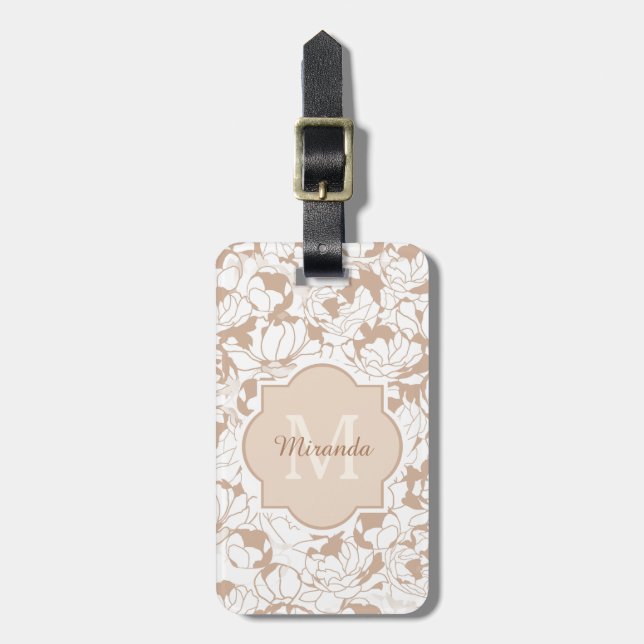 Den moderna Tan White-Blommigten Girly Monogram me Bagagebricka (Vertikal Framsida)