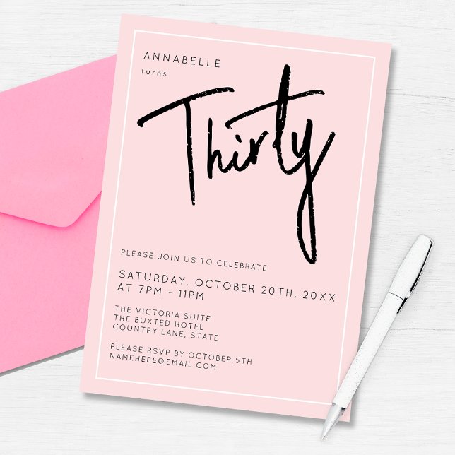 Den moderna trettionde trettionde trettionde födel inbjudningar (Modern blush pink 30th birthday party invitation. Perfect for any thirty / thirtieth birthday party)