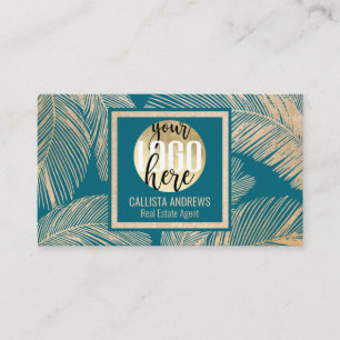 Den moderna tropiska Logotypen Guld Teal Blue Hand Visitkort