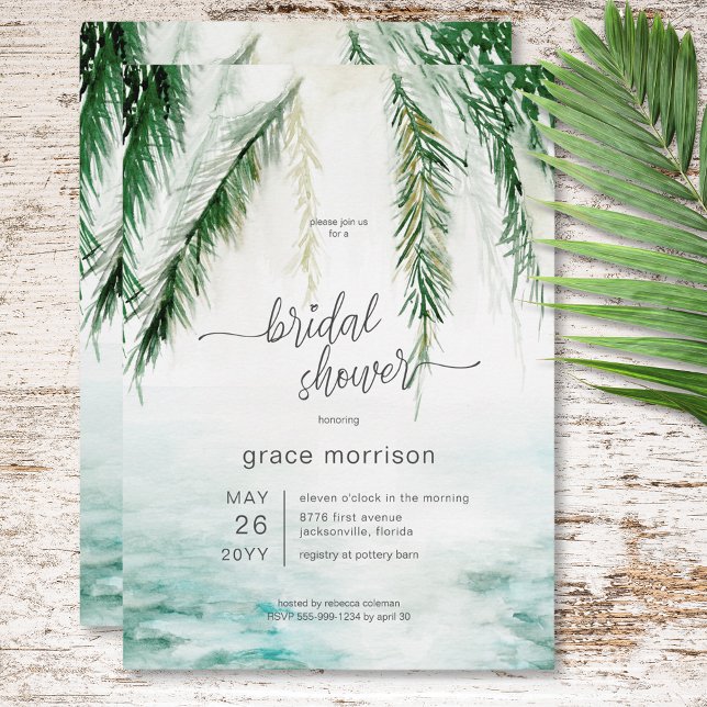 Den moderna tropiska Möhippan Vatten & Handflatan Inbjudningar (Modern Tropical Water & Palms Bridal Shower Invitation)